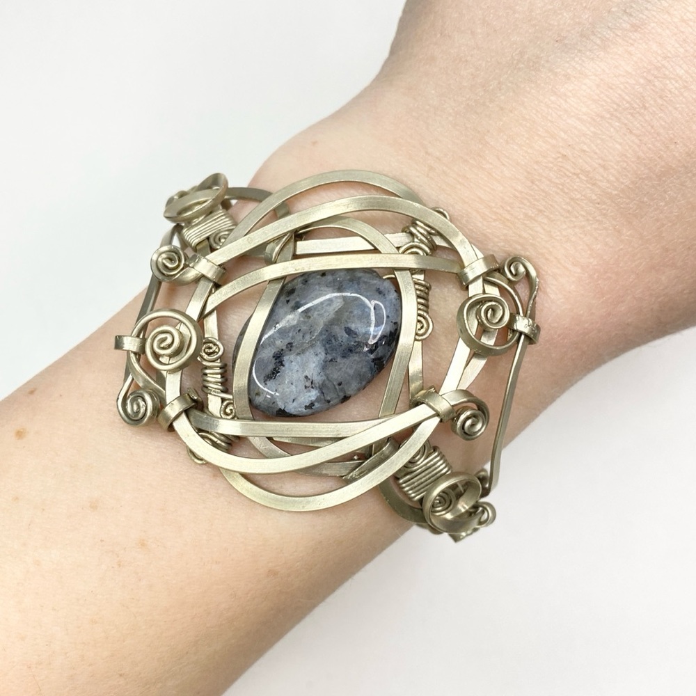 Artisan Faux Granite Stone Stainless Steel Wire Wrap Filigree Cuff Bracelet